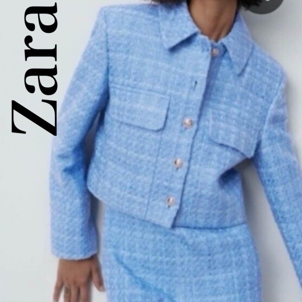 Zara Pastel Blue Tweed Cropped Blazer